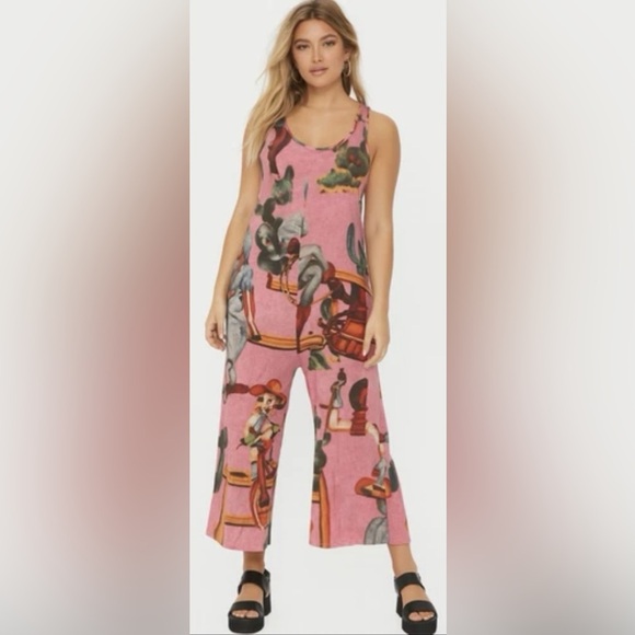 The Unbranded Brand Pants - Western Cowgirl Cactus Print Racerback Jumpsuit Whimsical Y2K Festival XS Romper